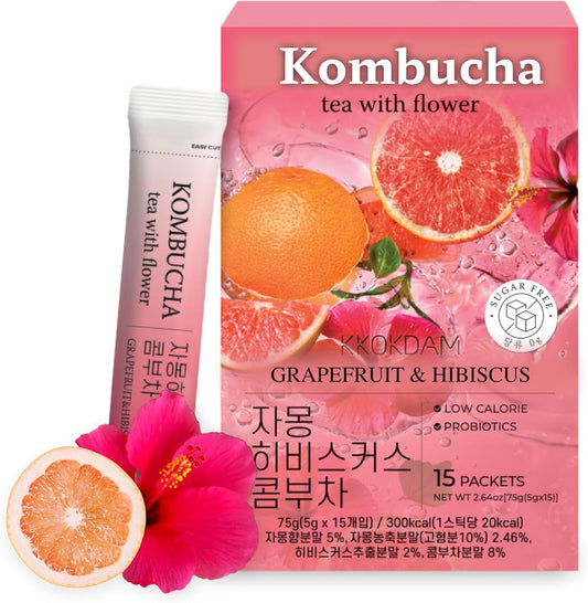 KKOKDAM Kombucha Tea - Grapefruit & Hibiscus Korean Tea - Kombucha Drinks Probiotic Support, Low Calorie, Sugar Free Kombucha Pack - 15 Packs