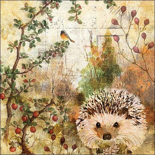 Set of 2 Individual Decoupage Paper Party Napkin Hedgehog Autumn Fall Watercolor Decor Luncheon Napkins for a Birthday Holiday, Wedding, Cocktail Party
