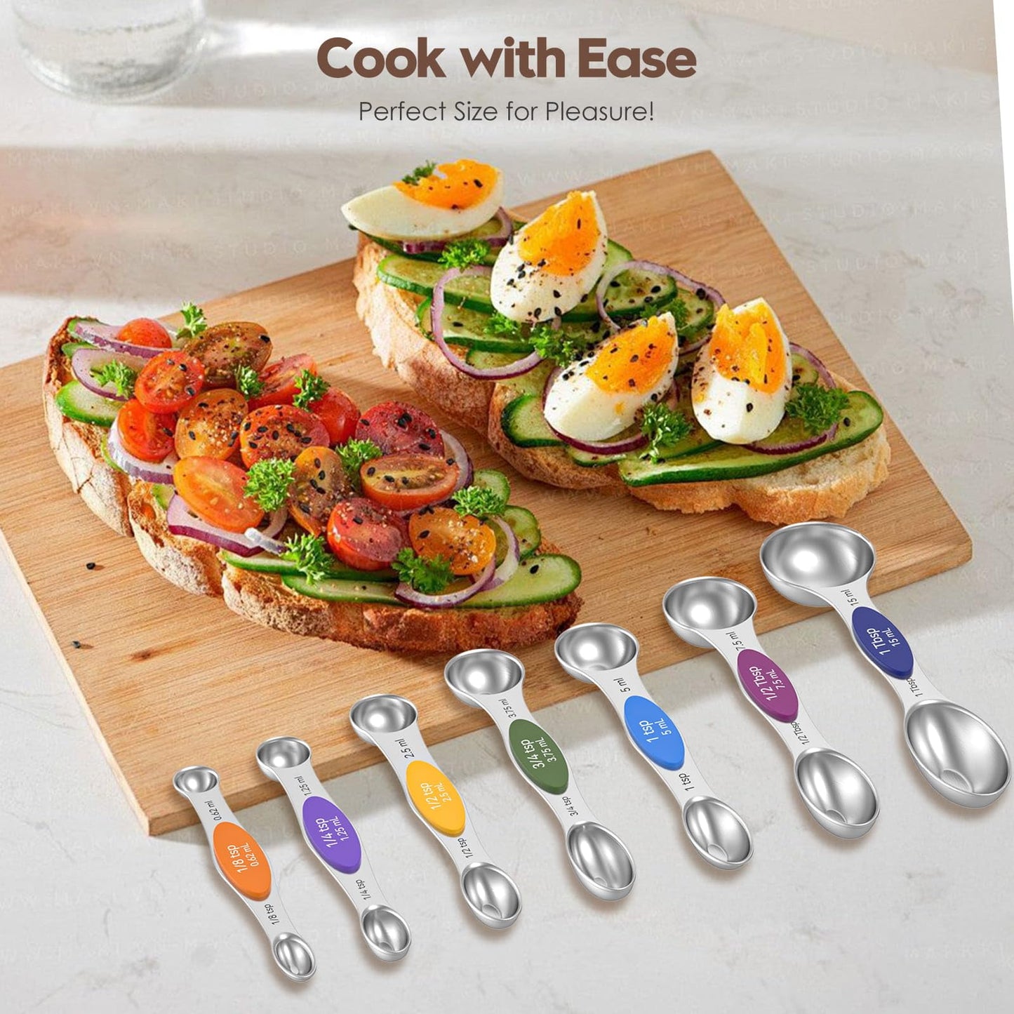 Magnetic Measuring Spoons Set of 8 - Heavy Duty 304 Stainless Steel, Triple Measurement Markings, Strong N52 Magnets, Easy to Clean, Space-Saving with Leveler Included (Colorful)
