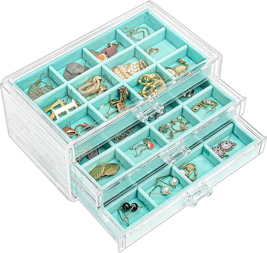 ProCase Earring Holder Organizer Jewelry Box with 3 Drawers, Acrylic Clear Earring Case with Adjustable Velvet Trays for Women - Aqua, 3 Layers
