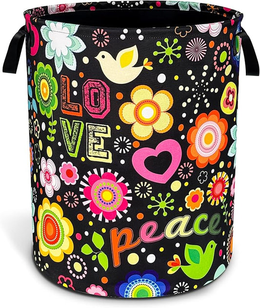 Peace Hippie Flower Laundry Basket Foldable Oxford Cloth Funny Tote Bag Laundry Hamper Clothes Storage Bucket Toy Organizer For Bathroom/Laundry Storage/Bedroom 18.9x16.5 Inch