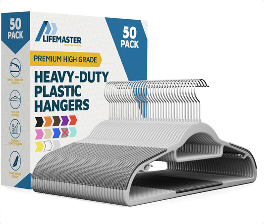 Lifemaster Plastic Clothes Hanger Set - 50 Pieces Versatile, Lightweight, Space-Saving, Non-Slip, Slim Designed, Dry and Wet Clothes Hanger Set with 360Â° Swivel Hook and Rubber Coating - Gray