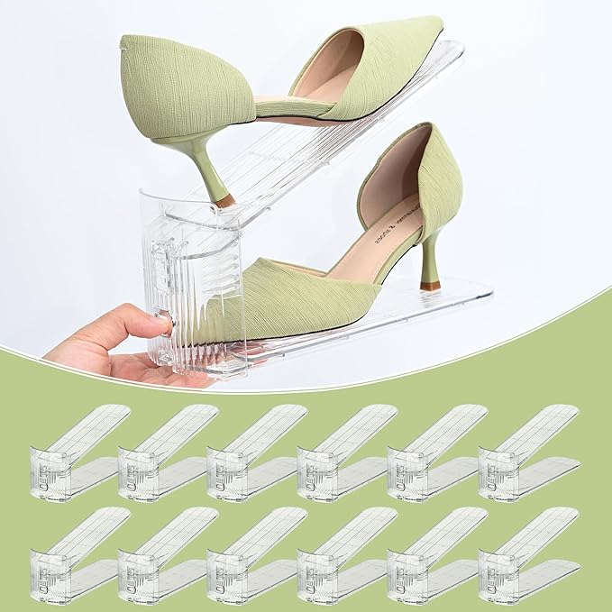 12-Pack Shoe Slots Organizer for Closet, Adjustable Shoe Stacker & Space Saver, Clear Double Deck Shoe Storage for Small Spaces, Transparent