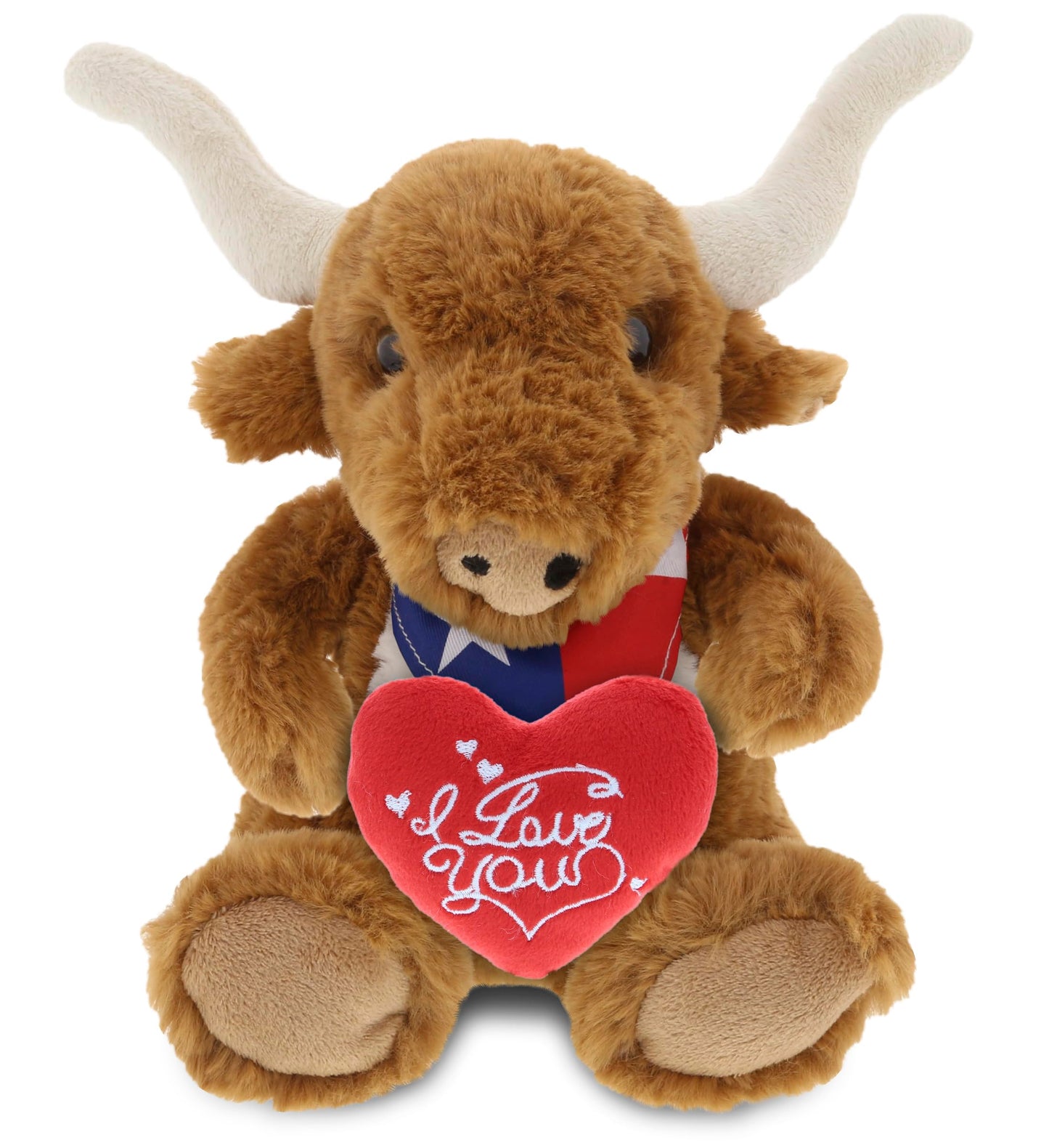 DolliBu I Love You Plush Texas Longhorn - Cute Stuffed Animal Texas Longhorn with Red Heart Plush for Valentines, Anniversary, Romantic Date, Boyfriend, or Girlfriend Gift - 8 Inches