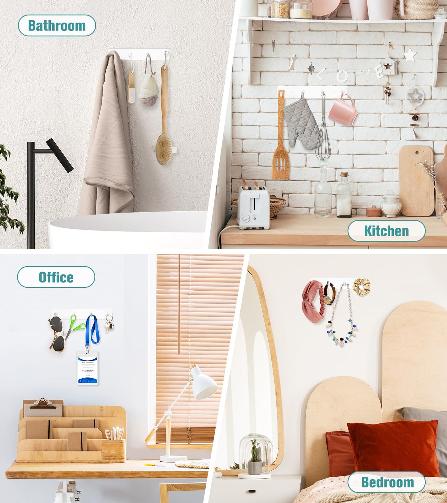 RELBRO Key Holder Wall Mount, Large Metal Self Adhesive Key Rack with 4 Hooks, 2 Installation Options, White