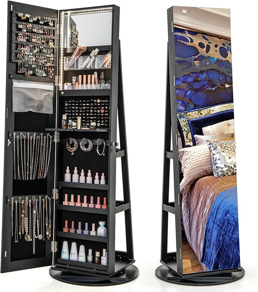 CHARMAID 360Â° Swivel Jewelry Armoire with Full Length Mirror, Rear Storage Shelves, Lockable Standing Jewelry Cabinet Organizer with Interior Vanity Mirror and 3-Color Lights (Black)