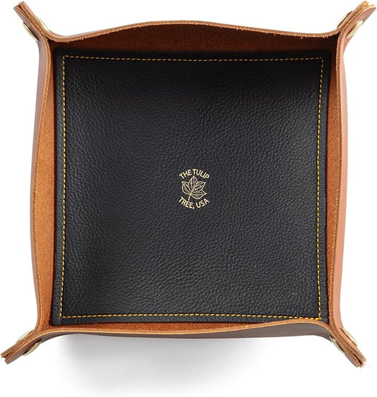 USA Handmade Premium Leather Valet Tray, Folds Flat! Dice Rolling Basket and Organizer with Brass Snaps (Chestnut and Blue Gold, Large)