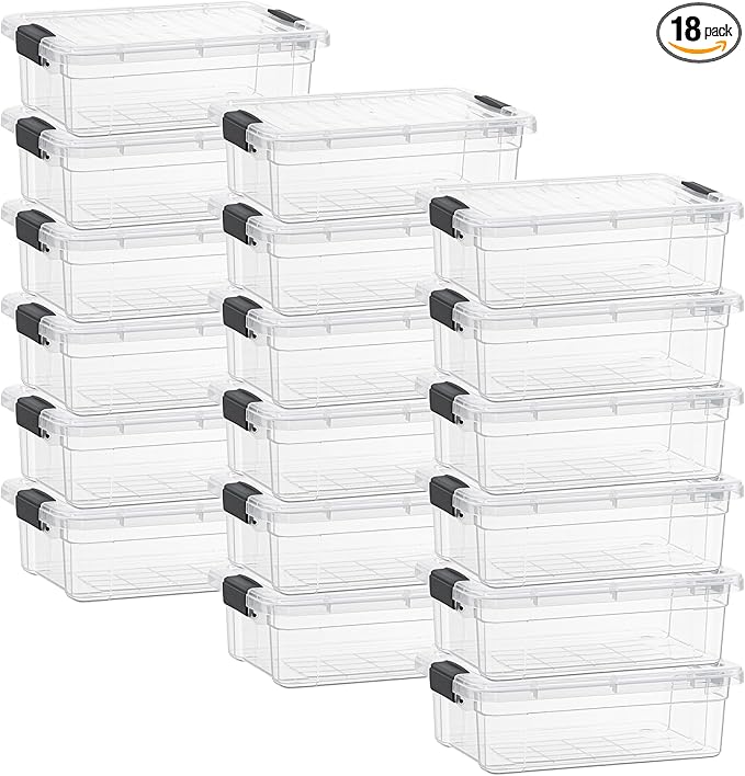 Superio Clear Storage Box with Lid, 4.5 Quart Plastic Container Bins for Organizing, Stackable Crates, BPA Free, Non Toxic, Odor Free, Organizers for Home, Office, School, and Dorm, 18 Pack