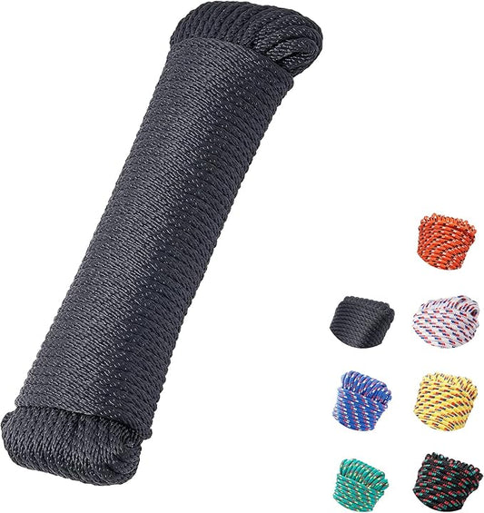 1/4 Inch 100 ft Braided Polypropylene Rope, High Strength Utility Cord for Boat Marine Camping and Flag Pole, Indoor and Outdoor Use, Black