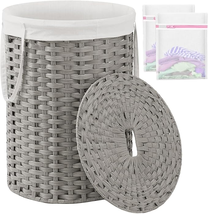 Laundry Basket with Lid Round Rattan Laundry Hamper with Lid and Handles 29.1 Gal (110 L) Handwoven Woven Basket with Removable Bags and 2 Mesh Bags for Bathroom Living Room Gray