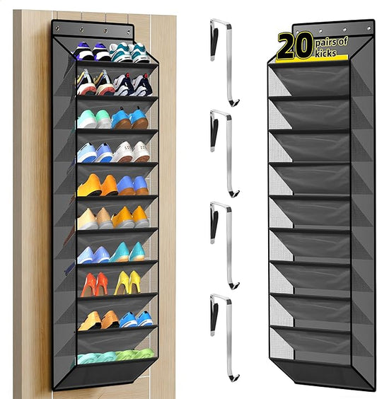PAULONE 10-Pocket Multi-Use Over The Door Organizer, Heavy Duty 95lbs Capacity with Breathable Mesh, Versatile Hanging Storage for Shoes, Toys, Office Supplies-Slate Grey