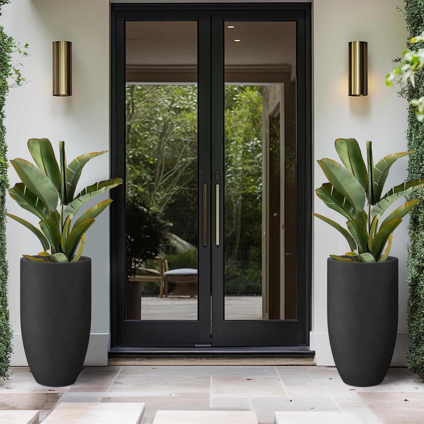 Kante 24 Inch Tall Round Concrete Planter, Large Indoor Outdoor Plant Pots with Drainage Hole and Rubber Plug, Modern Decorative Garden Pots for Home Patio Porch, Black