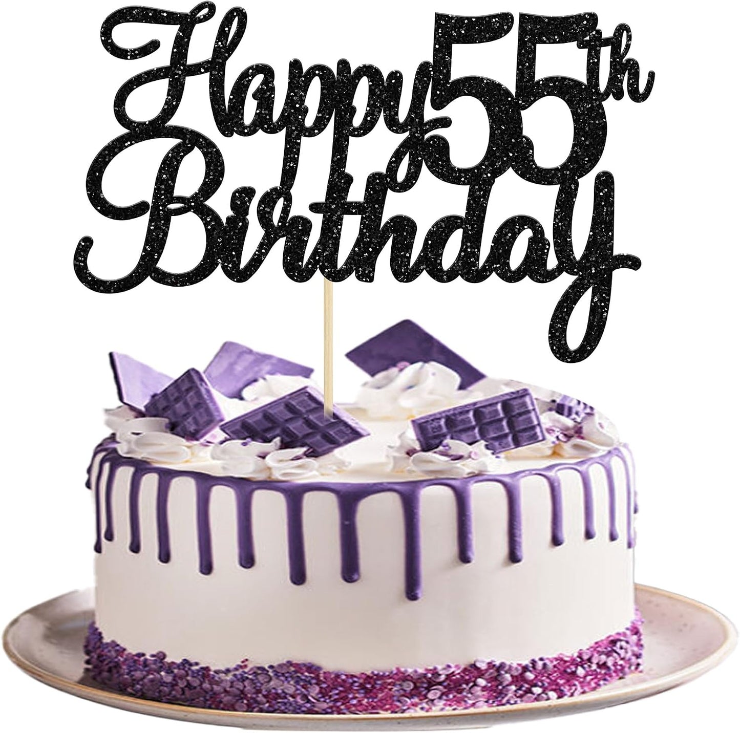 Gyufise 1Pc Happy 55th Birthday Cake Topper Glitter 55th Birthday Cake Pick Cheers to 55 Years Old Fifty-five Fabulous Cake Decorations for 55th Birthday Theme Party Supplies Black