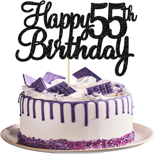 Gyufise 1Pc Happy 55th Birthday Cake Topper Glitter 55th Birthday Cake Pick Cheers to 55 Years Old Fifty-five Fabulous Cake Decorations for 55th Birthday Theme Party Supplies Black