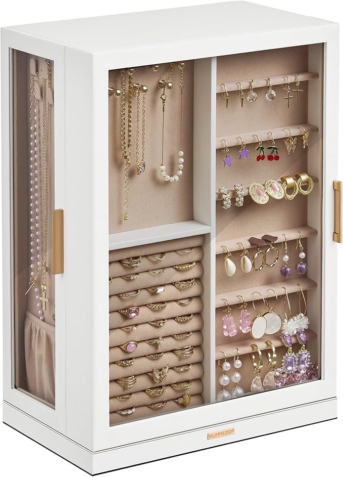 360Â° Rotating Jewelry Box with 9 Drawers, Spacious Vertical Jewelry Organizer with Glass Window, Jewelry Storage Case, Dustproof & Moisture-resistant Design, White