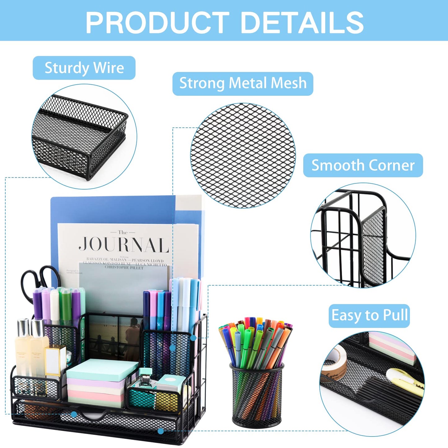 BCCICE Desk Organizers Caddy and Accessories with 7 Compartments + Pen Holder / 72 Clips Set, Drawer, Black Mesh Office Supplies Desktop Organizer for Home, Office Ect