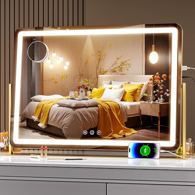 Hasipu Large LED Vanity Mirror 30"x21" - Makeup Mirror with 5X Magnification, Phone Holder, USB Charging, Smart Touch 3-Color Lighting & 360Â° Rotation (Gold)