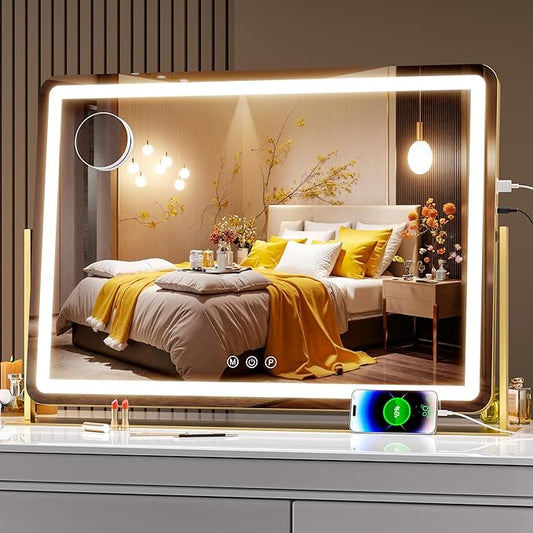Hasipu Large LED Vanity Mirror 30"x21" - Makeup Mirror with 5X Magnification, Phone Holder, USB Charging, Smart Touch 3-Color Lighting & 360Â° Rotation (Gold)