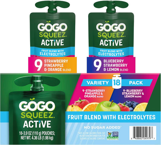 GoGo squeeZ No Sugar Added Active Fruit Blend with Electrolytes| 18-Count Variety Pack | Blueberry Strawberry Lemon & Strawberry Pineapple Orange | Made with Real Fruit and Antioxidants Vitamin A, E, & C