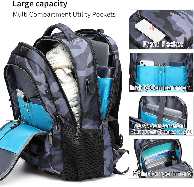 DUSLANG 17 Inch Travel Laptop Backpack Water Resistant Hiking Backpack for Men Laptop Bag with USB Charging Port,Camouflage green
