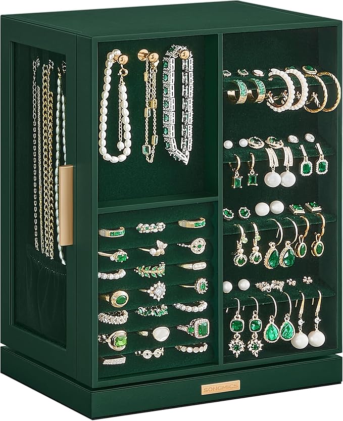 SONGMICS Jewelry Box 360Â° Rotating, Jewelry Storage Case with 5 Drawers, Jewelry Organizer, Glass Window, Spacious, Vertical Jewelry Storage, Open Design, Great Gift, Forest Green UJBC170C01