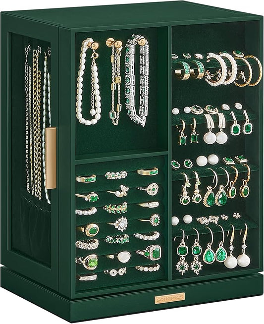 SONGMICS Jewelry Box 360Â° Rotating, Jewelry Storage Case with 5 Drawers, Jewelry Organizer, Glass Window, Spacious, Vertical Jewelry Storage, Open Design, Great Gift, Forest Green UJBC170C01