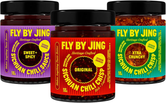 FLYBYJING Sichuan Chili Crisp Bundle: Three Premium Chili Sauces Good on Noodles, Proteins, Veggies & Everything - Spicy, Savory, Crunchy Vegan Hot Sauces, Great Gift for Foodies 6oz (Pack of 3)