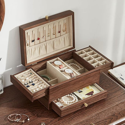 Wooden Jewelry Box for Women, 3 Level Multi-functional Drawers Black Walnut Jewelry Organizer Box, Watch, Necklace, Ring, Earring Storage - Valentine's Day Gifts (No Mirror)