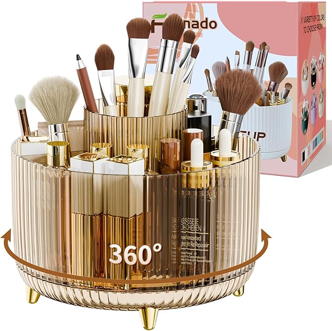 360Â° Rotate Makeup Brush Holder Organizer, Makeup Organizers Countertop, Makeup organization and Skincare Storage for Vanity, Desktop, Bathroom (Clear Amber)