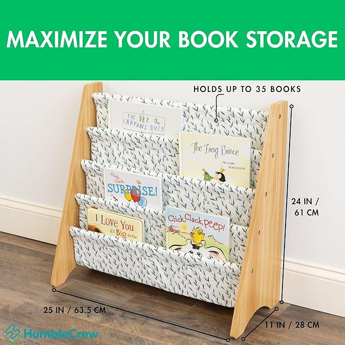 Humble Crew 4-Tier Kids Bookshelf, Natural/White/Green - Premium Book Shelf for Kids Rooms with Four Deep Pockets - Toddler Sling Book Rack with Deep Sleeves, Nursery Bookcase Organizer