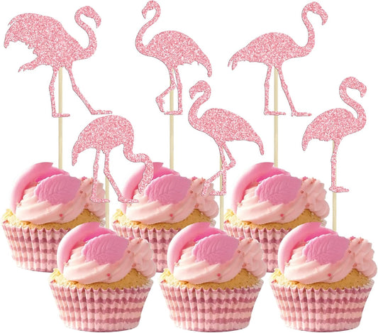 Ephlyn 24Pcs Flamingo Cupcake Toppers Tropical Flamingo Cake Topper Decorations for Summer Hawaii Theme Party Birthday Wedding Party Cake Decorative Supplies