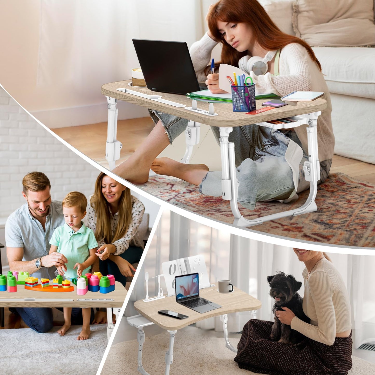Lap Desk for Bed Adjustable Height, Foldable Bed Table with Storage Drawer, Tablet Slot & Cup Holder, Portable Laptop Stand for Bed & Sofa, Bed Desk for Adults & Kids, Glacier