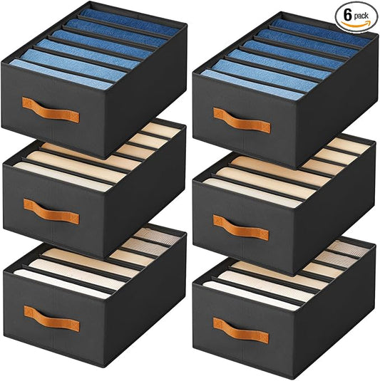 Closet Organizers and Storage - Fabric Clothes Organizer with Handles, Foldable Jeans Organizer for Clothes, Drawer Organizer for Shirts, Bra, Sweater, Scarf, 6 Pack, Black