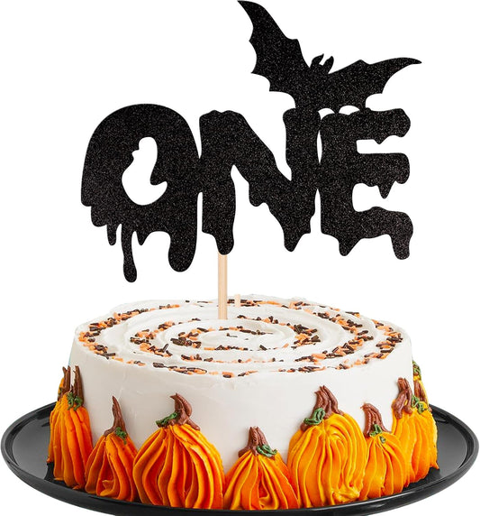 1 PCS Halloween One Cake Topper Black Glitter Bat Halloween 1st Birthday Cake Pick for Halloween Theme Baby First Birthday Party Cake Decorations Supplies