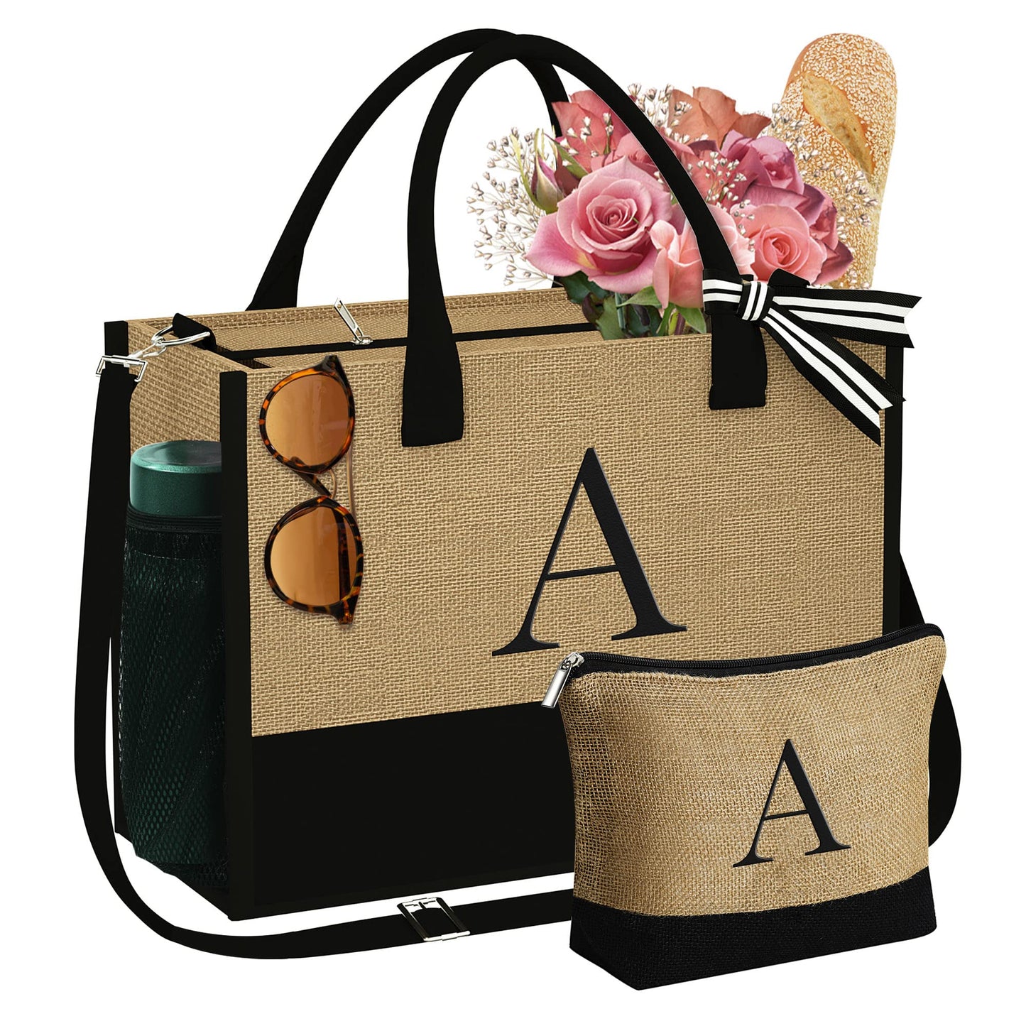 YOOLIFE Birthday Gifts for Women - Gifts for Women Teacher, A Initial Beach Bag Gift for Friend Sister Mom Birthday Personalized Gift for Her Wife, Jute Initial Beach Tote Bag