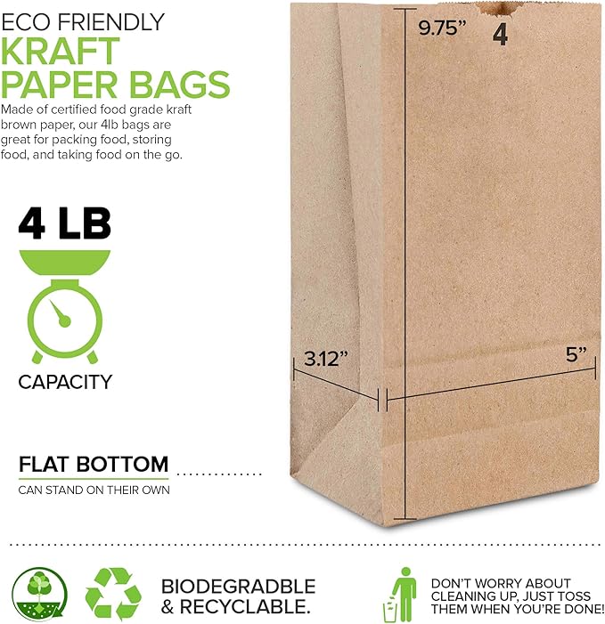 Stock Your Home 4 Lb Kraft Brown Paper Lunch Bags (500 Count) - Bulk Disposable Lunch Sacks, Small Size Blank Bag for Kids, Good for a Snack, Sandwich, Grocery Food, and Arts & Crafts Projects