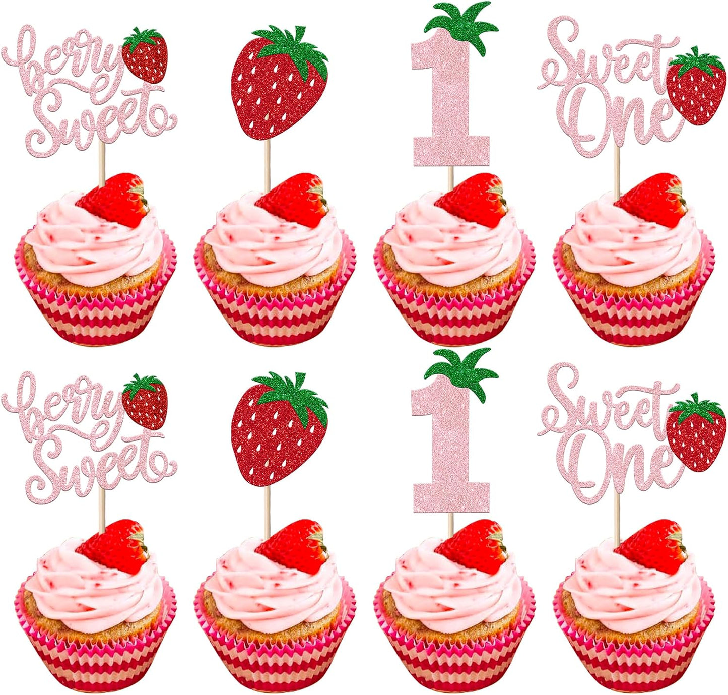 24 Pack Sweet One Cupcake Toppers Glitter First Birthday Strawberry Cupcake Picks for Fruit Baby Shower 1st Birthday Berry Sweet Cupcake Decorations Party Supplies Pink