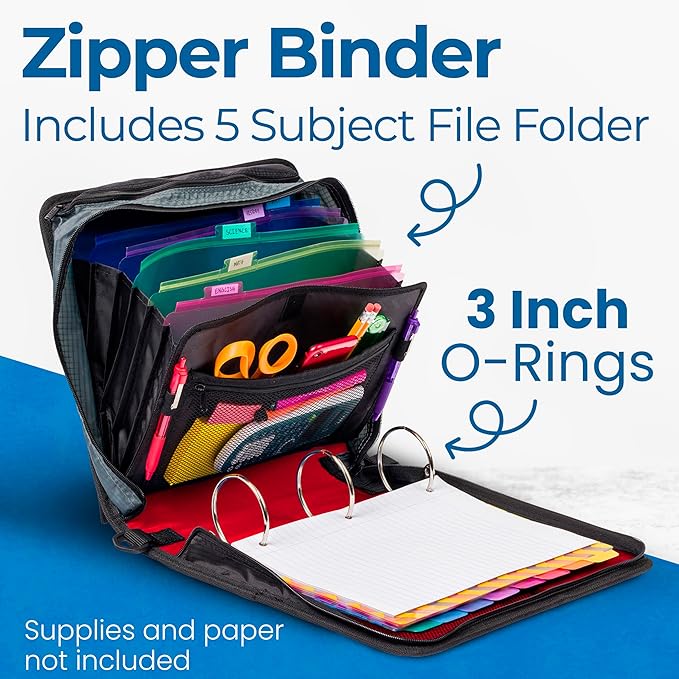 Case-it Mighty Zip Tab School Zipper Binder | 3-Inch O-Rings, 600-Sheet Capacity, 5-Subject Expanding File Folder, Multiple Pockets & Storage Organizer, Shoulder Strap | D-146 Fire Engine Red