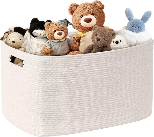 86L Large Baby Girls Laundry Basket for Nursery Storage,Cute Woven cotton Rope Baskets for Kids Toyï¼Gifts, Boho Square Wicker Blanket hamper for Living Room,Bedroom Dirty Clothes, White
