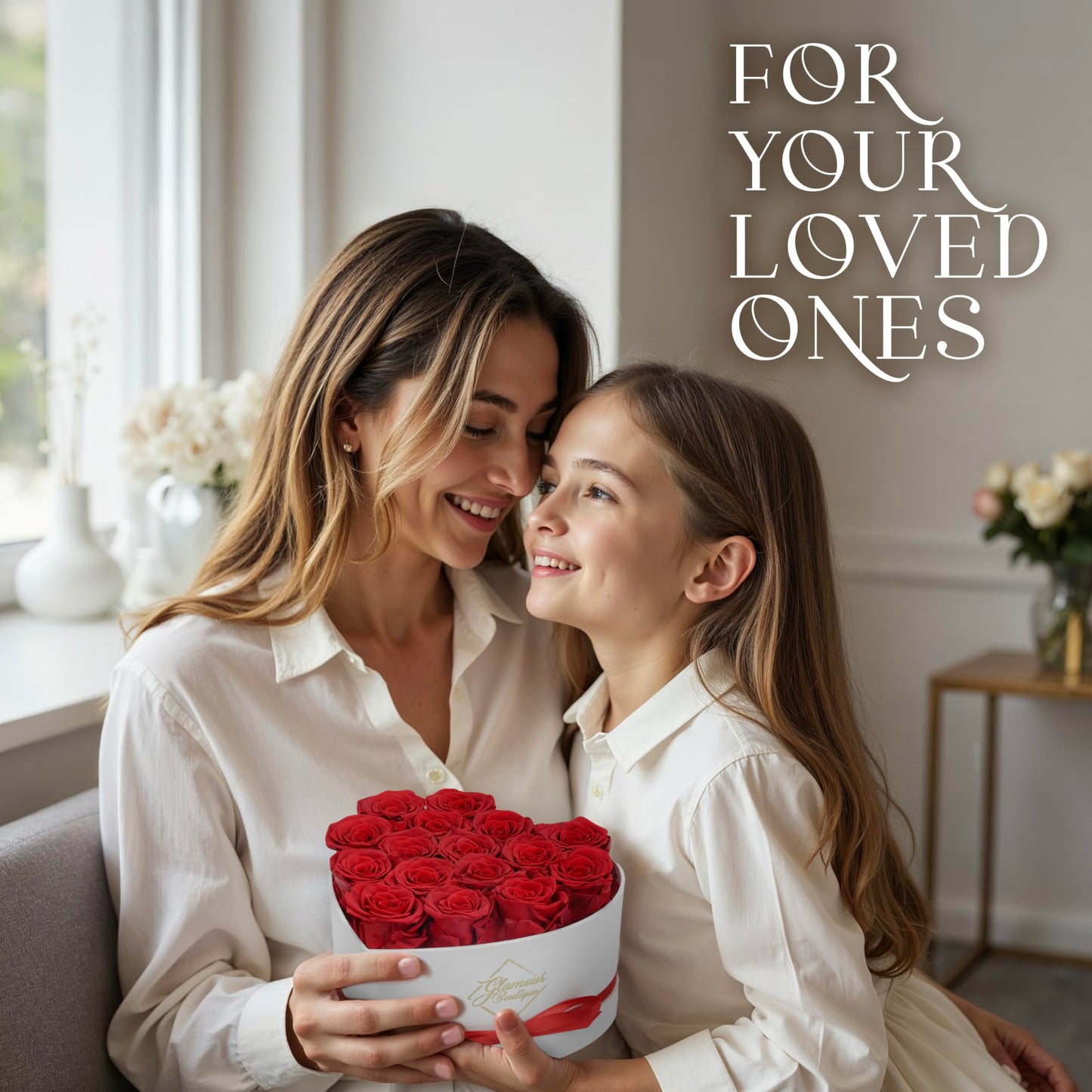 GLAMOUR BOUTIQUE Preserved Roses in a Box - Gifts for Her, Wife & Mom, Rose Flowers Forever Decor for Birthday Gift, Get Well Flower Bouquet Cased in White Box with Cover - Red - 16-Piece