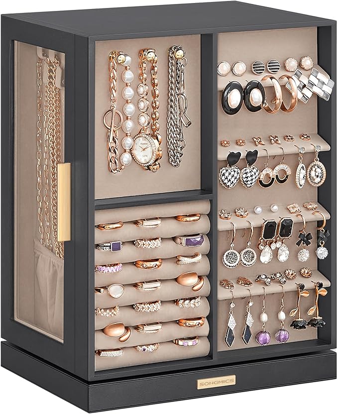 SONGMICS Jewelry Box 360Â° Rotating, Jewelry Storage Case with 5 Drawers, Jewelry Organizer, Glass Window, Spacious, Vertical Jewelry Storage, Open Design, Great Gift, Slate Gray UJBC170G01