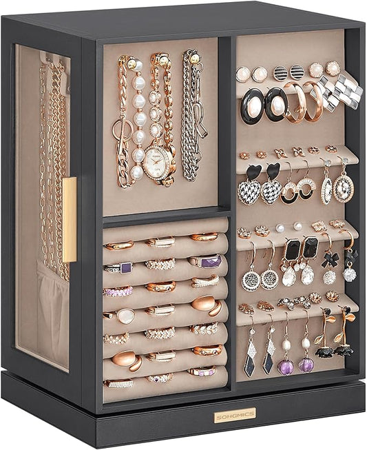 SONGMICS Jewelry Box 360Â° Rotating, Jewelry Storage Case with 5 Drawers, Jewelry Organizer, Glass Window, Spacious, Vertical Jewelry Storage, Open Design, Great Gift, Slate Gray UJBC170G01