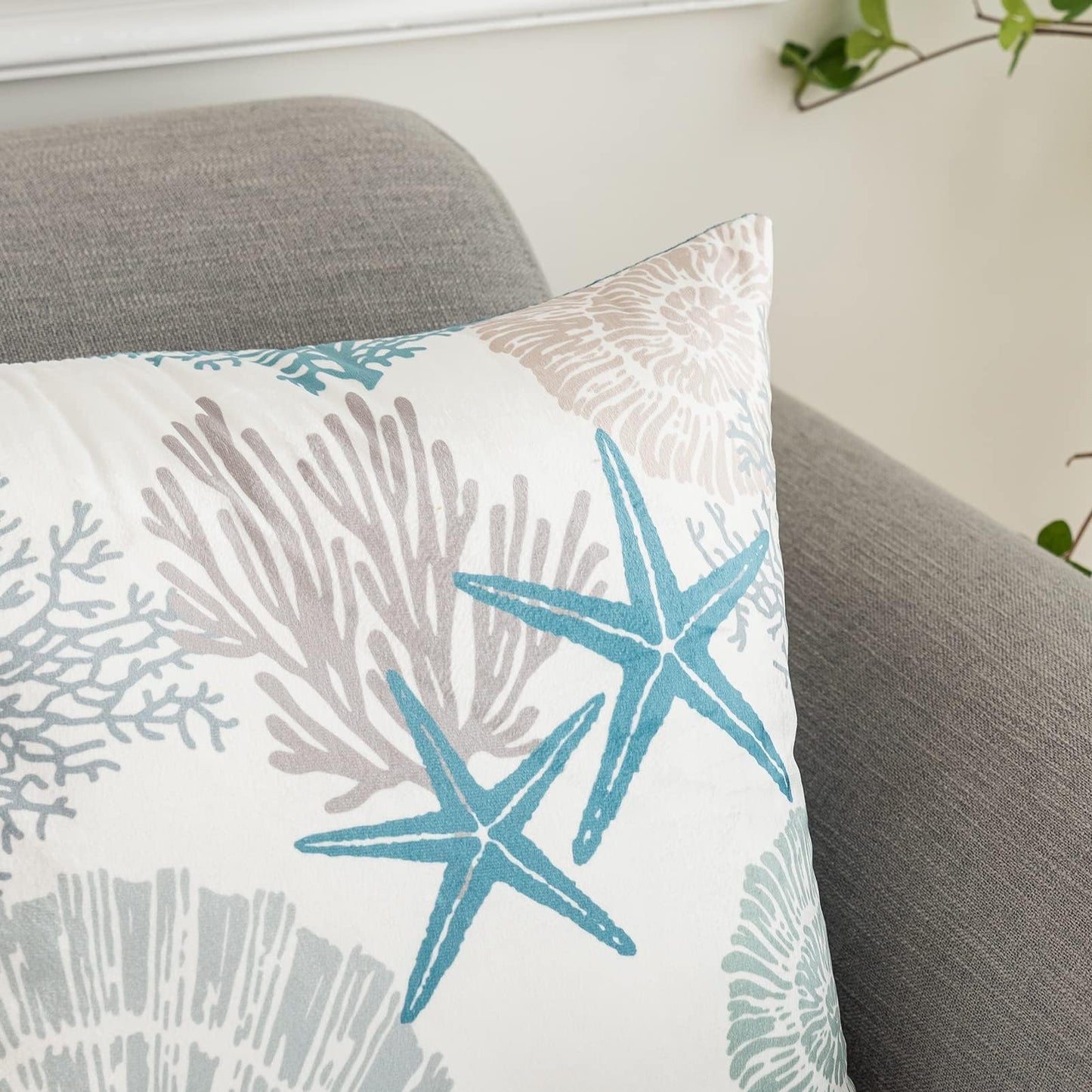 Tritard Nautical Coastal Throw Pillow Covers 18x18 Set of 2 Beach Themed Ocean Seashell Coral Starfish Velvet Couch Decorative Pillow Cases Outdoor Sofa Cushion Cover for Bedroom Living Room, Blue