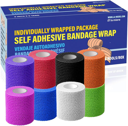 Self Adherent Cohesive Bandage 4" x 5 Yards, 8 Pack Multicolor – Full-Length Assurance, Hypoallergenic Latex-Free, Hand-Tearable No-Residue Wrap for Skin & Pet – LA MIERE