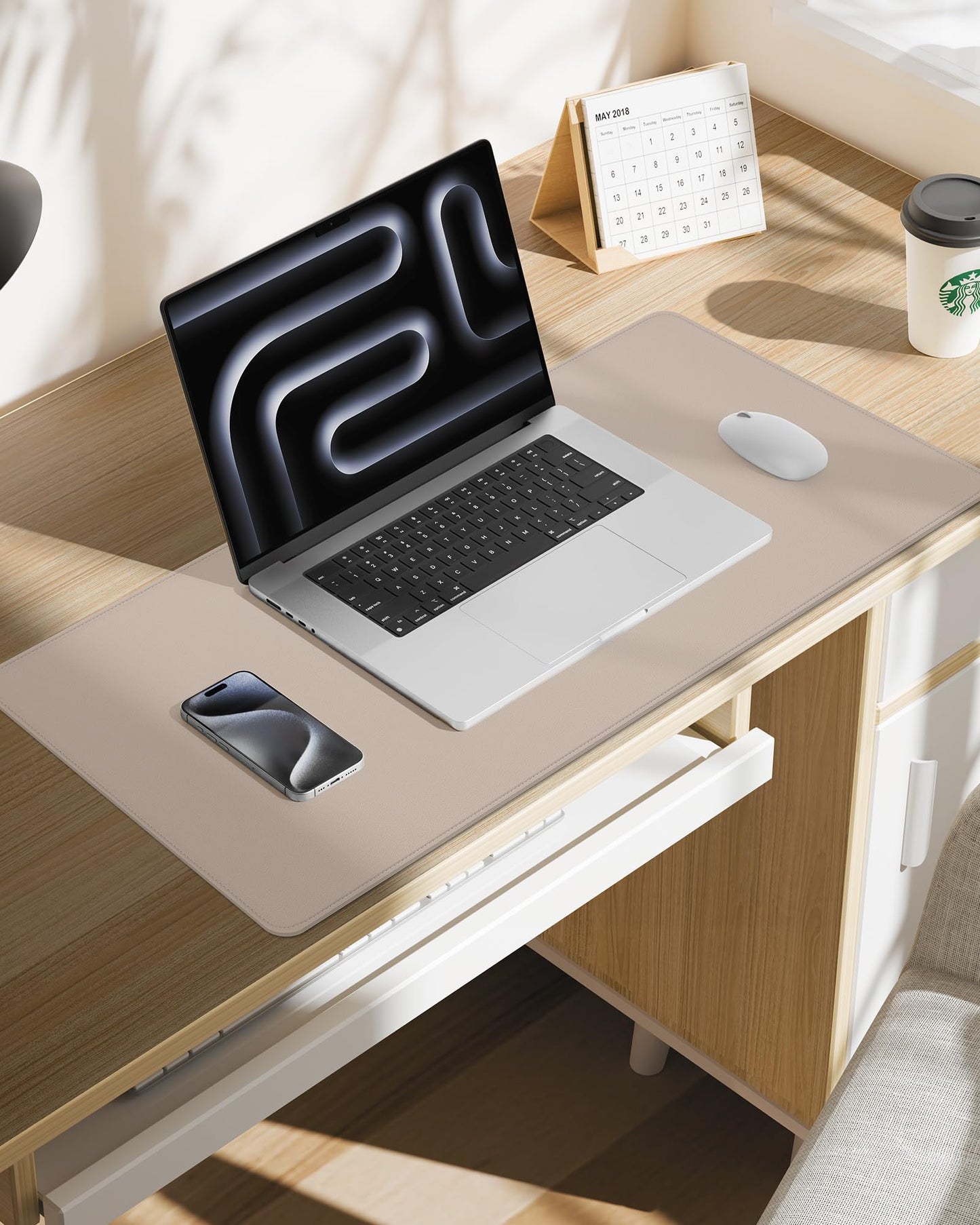 Leather Desk Pad Protector, Mouse Pad, Office Desk Mat, Non-Slip PU Leather Desk Blotter, Laptop Desk Pad, Waterproof Desk Writing Pad for Office and Home (Beige, 31.5" x 15.7")