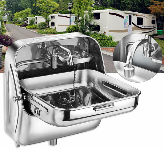 RV Sink, Square Single Bowl Sink Stainless Steel Folding Sink with Curved Faucet Multifunctional Hand Wash Basin for Bars, Food Trucks, Campers, Motorhomes, Boats, Vans