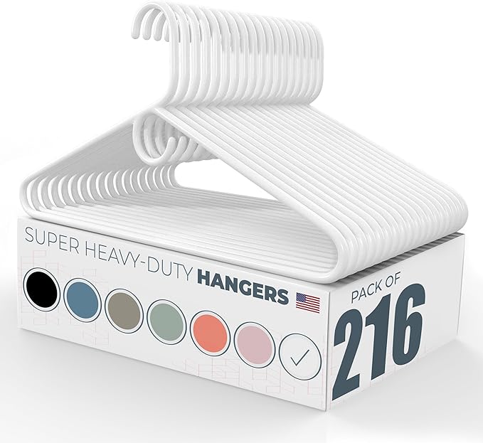 Neaties Super Heavy Duty Clothes Hangers 100+ Pack (216 Count) â Made in The USA - 10lb Capacity, Thick Plastic Hangers for Pants, Coats, Jackets, Jeans and Adult Clothing â White