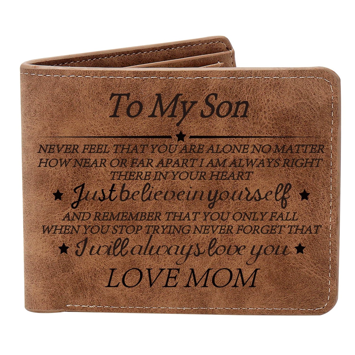 THTCSQ To My Son Gifts,Leather Wallet for Men,Engraved Personalized Leather Wallet,Birthday Christmas Gifts for Son from Mom Dad,Inspirational Gifts for Boy (Never Feel Son from Mom)