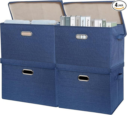 SNWDN 4 Pack Large collapsible Fabric Storage Bins with Lids Fabric storage box with lids for closet organizers and storage (Dark Blue 17.3x11.4x11.8 inches)