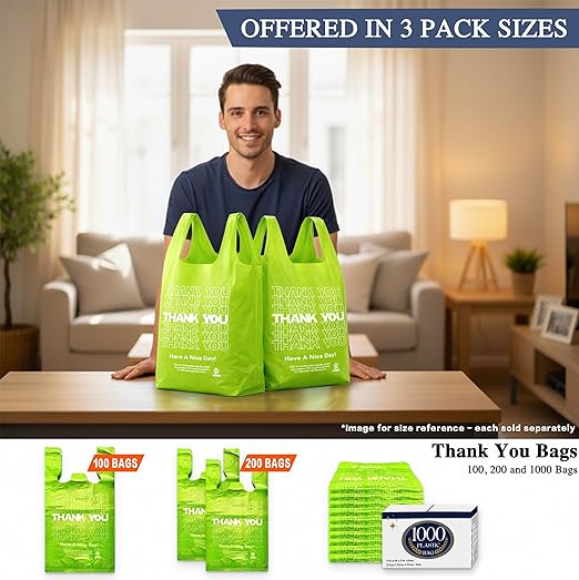 YoYoRain 1000 Pack “Thank You” T-Shirt Bags – Green Plastic Shopping Bags with Handles, Reusable & Disposable, for Takeout, Retail, Grocery, Small Business